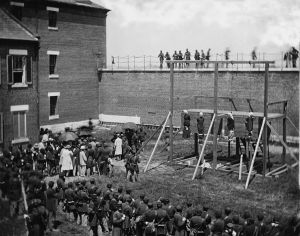 Hinrichtung der vier Mitverschwörer des Lincoln-Attentats (Mary Surratt, Lewis Powell, David Herold und George Atzerodt)