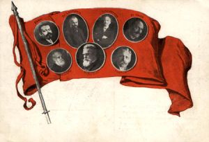 Postkarte; Friedrich Ebert, Otto Landsberg, Philipp Scheidemann, Hugo Haase, Karl Kautsky, Hermann Molkenbuhr und Albert Südekum 